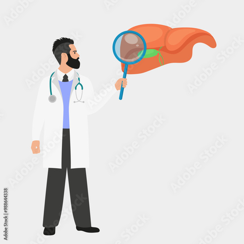 Biliary dyskinesia, hepatitis or cirrhosis of the liver is a gastroenterological disease. Gastroenterologist with a magnifying glass, diagnosing the liver and gall bladder. Flat vector illustration.	