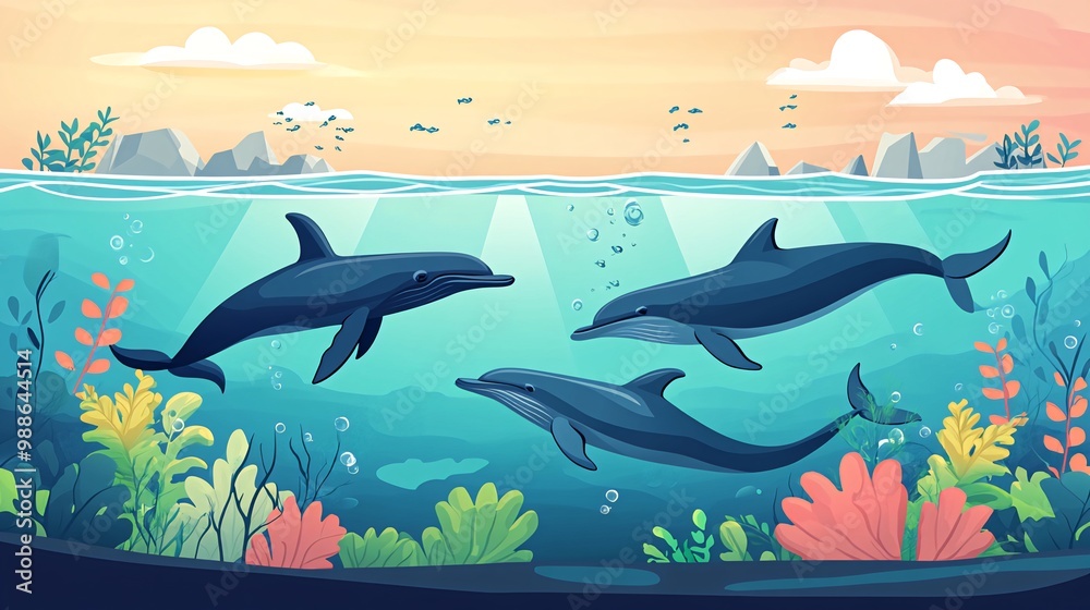 Naklejka premium Three dolphins swimming in the ocean, sun shining from above.