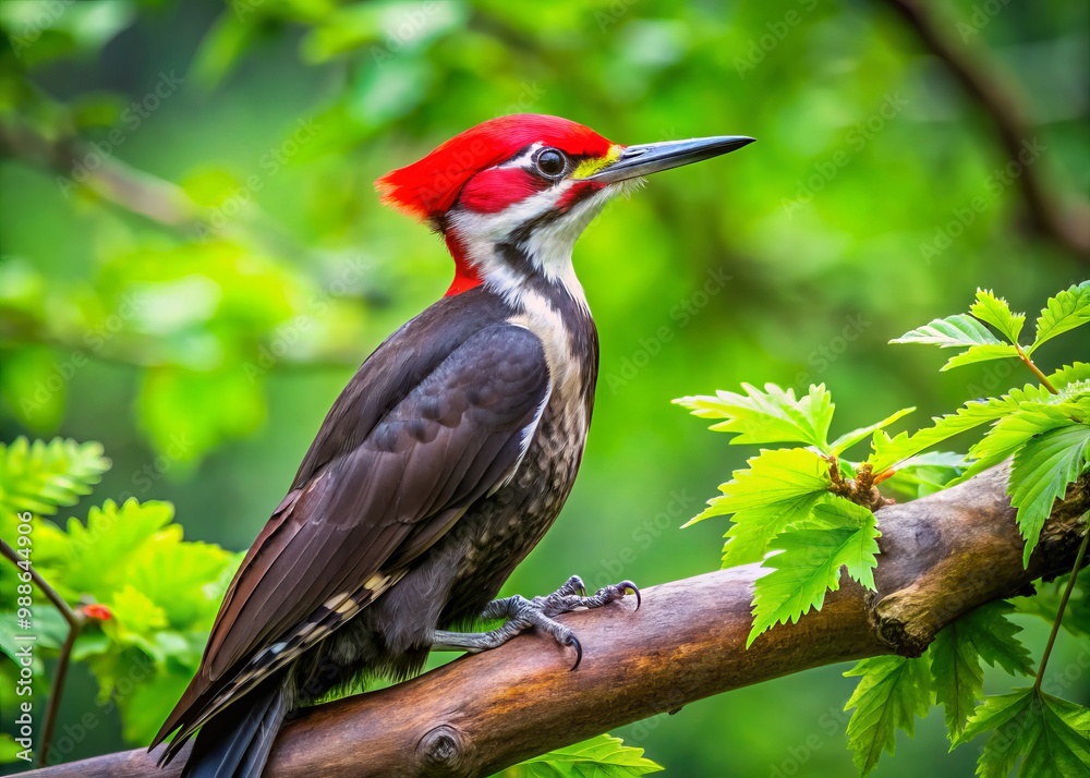 Fototapeta premium The elegant Pileated Woodpecker is perched on a branch, enveloped by rich greenery, embodying the beauty of its