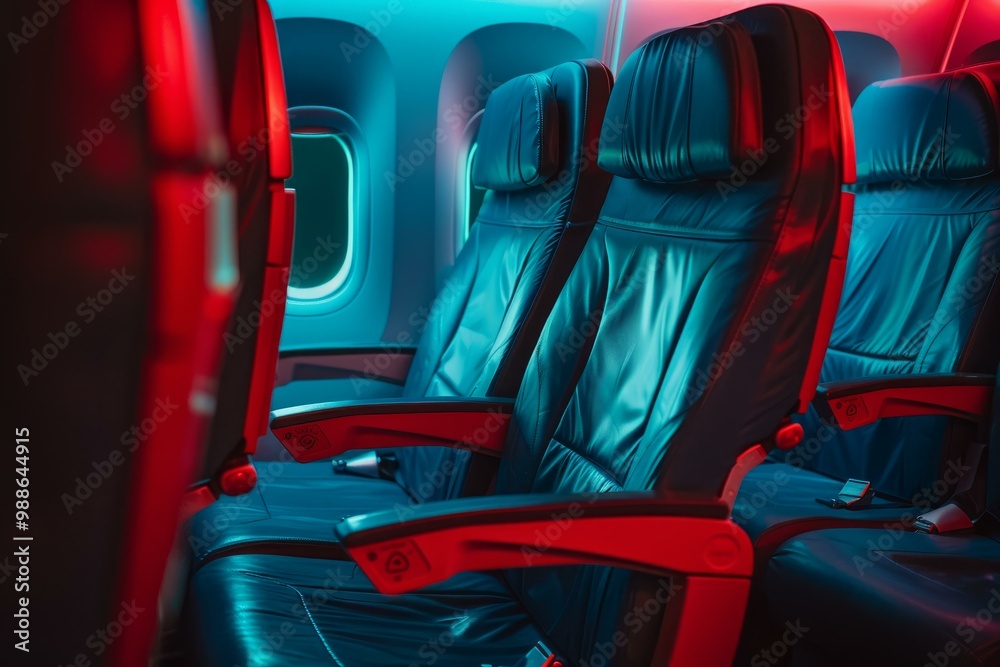 Empty airplane seats illuminated with red and blue lights, creating a futuristic and eerie atmosphere Empty airplane seats illuminated with red and blue lights, creating a futuristic and eerie atmosphere