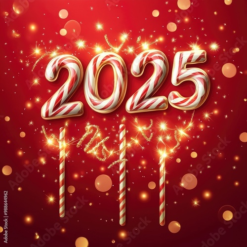 Happy New Year "2025" design from candy numbers. Christmas red background with realistic golden lights garlands on candy stick, golden sparkles confetti and blur bokeh. with generative ai