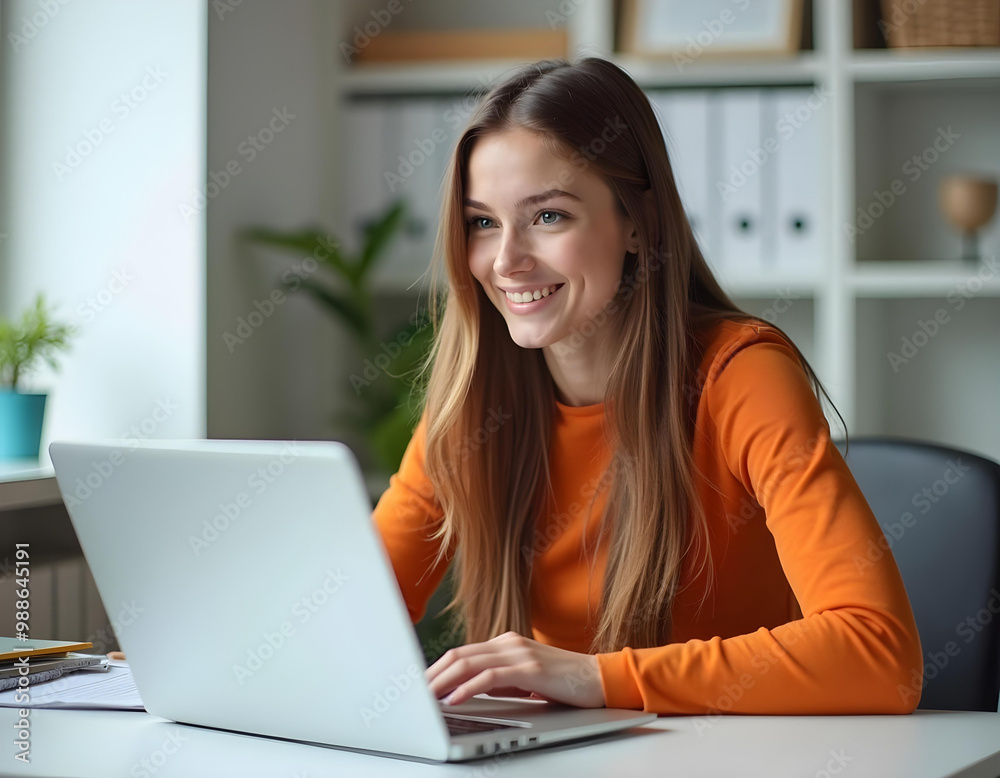 Young asian Smiling business women with laptop looking at camera. Generative AI Young asian Smiling business women with laptop looking at camera. Generative AI