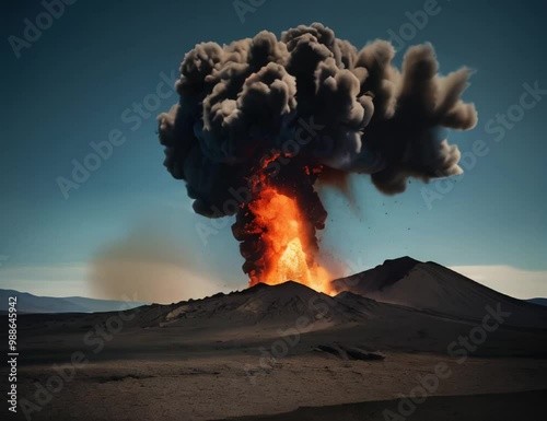 A surreal shot of a volcanic eruption frozen in time, with molten lava suspended in mid-air and glowing embers swirling in the fiery plume