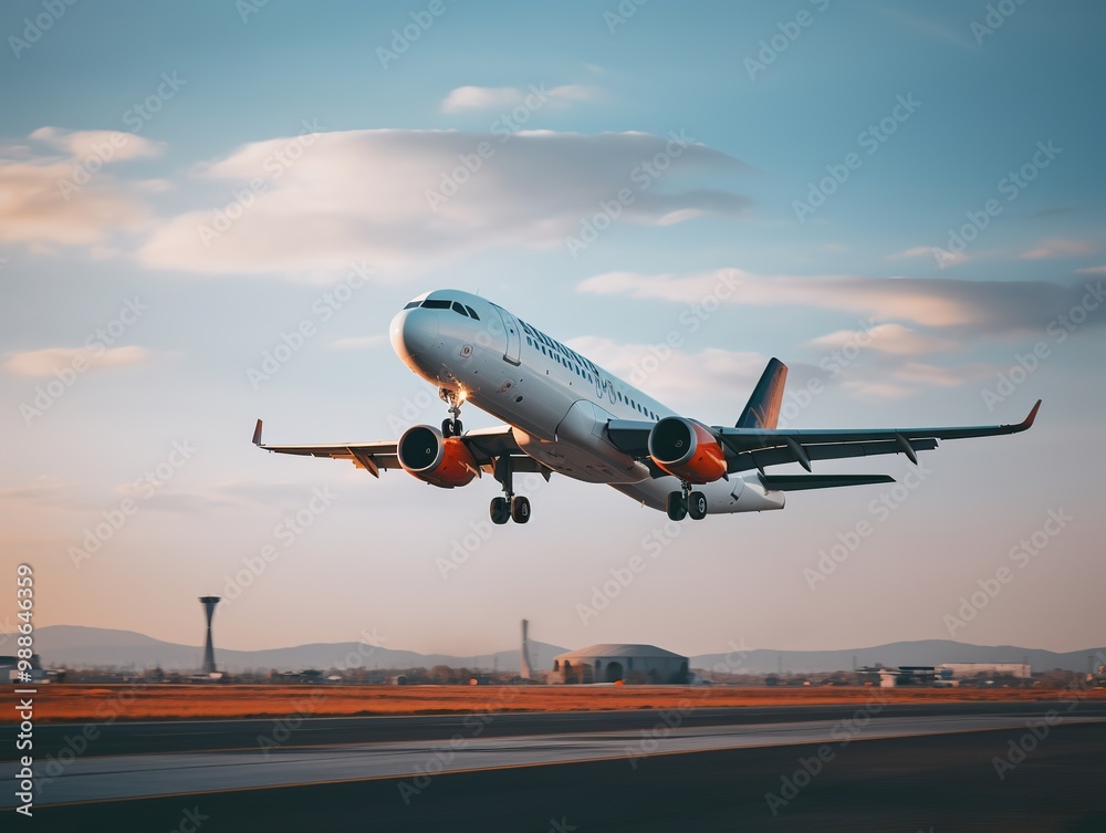 Fototapeta premium Airplane taking off from the airport. Passenger plane fly up over take-off runway from airport.