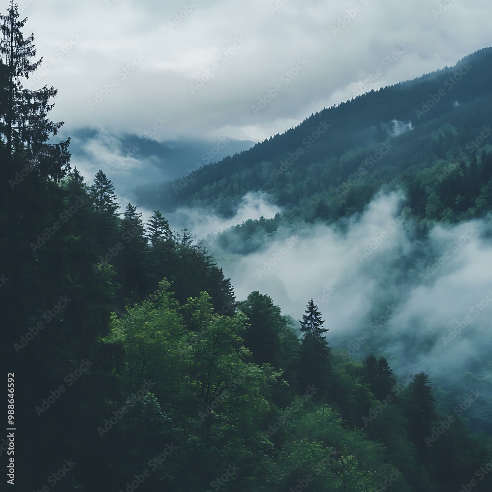 Foggy Mountain Landscape with Lush Greenery Foggy Mountain Landscape with Lush Greenery