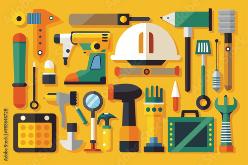 A vibrant display of various construction tools ready for home improvement and repair tasks, Construction tools set.