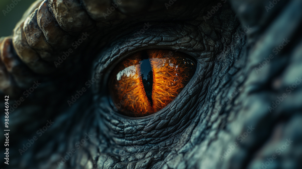 Zbliżenie na oko dinozaura drapieżnego, które zachwyca szczegółami i głębią koloru. Zbliżenie na oko dinozaura drapieżnego, które zachwyca szczegółami i głębią koloru.