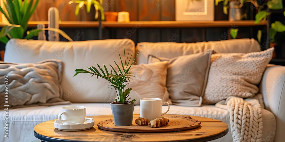 Cozy Living Room with White Couch, Plant, and Coffee Cups Cozy Living Room with White Couch, Plant, and Coffee Cups
