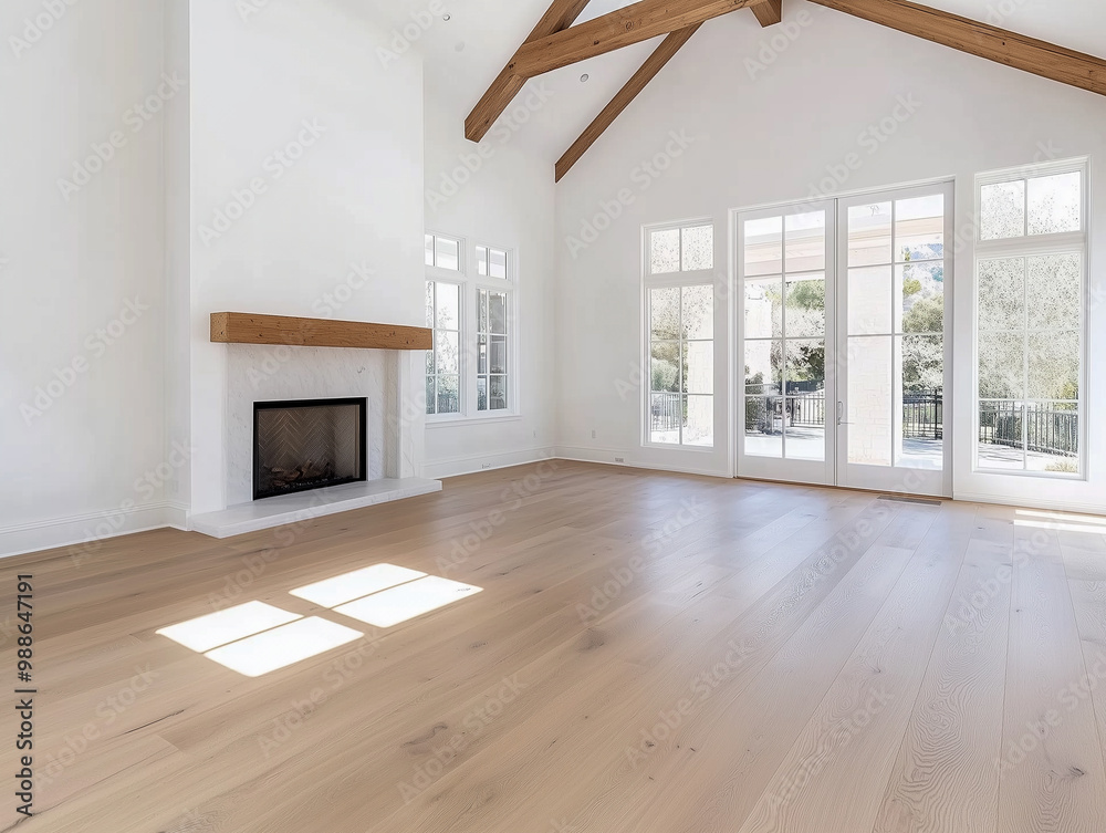 Fototapeta premium Spacious living room with fireplace in center