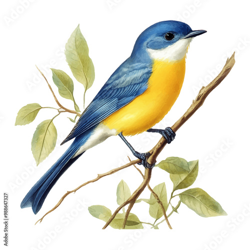 Blue and yellow birds perched on a branch on a white background.