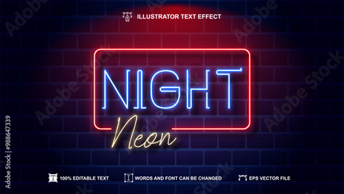 Night neon text style, 3d lighting bold editable text effect