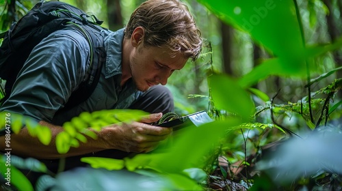 Biologist discovering a new species in the rainforest, moment of environmental significance