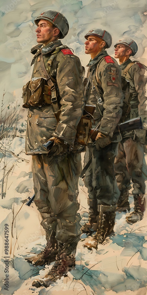 Fototapeta premium Three soldiers in winter gear standing in the snow