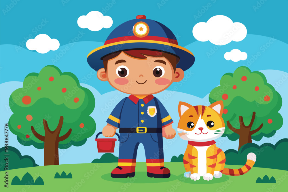 A boy in a firefighter uniform stands with his cat beside a tree in a bright and sunny park, Cute boy in firefighter uniform with cat and tree A boy in a firefighter uniform stands with his cat beside a tree in a bright and sunny park, Cute boy in firefighter uniform with cat and tree
