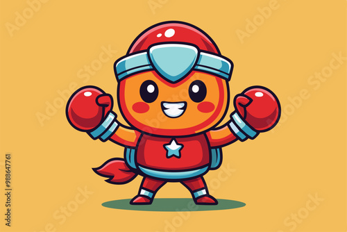 A cute boy in a red boxing outfit poses playfully with gloves raised, showcasing excitement and energy, Cute Boy Boxing Cartoon Mascot Character