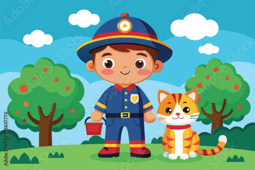 A boy in a firefighter uniform stands with his cat beside a tree in a bright and sunny park, Cute boy in firefighter uniform with cat and tree