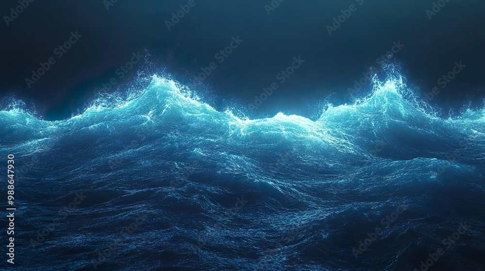 Fototapeta premium Glowing ocean waves beneath neon lit sky peaceful serene seascape picture