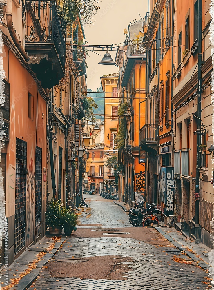 Fototapeta premium Narrow Street in Italy with Cobblestone and Building Facades