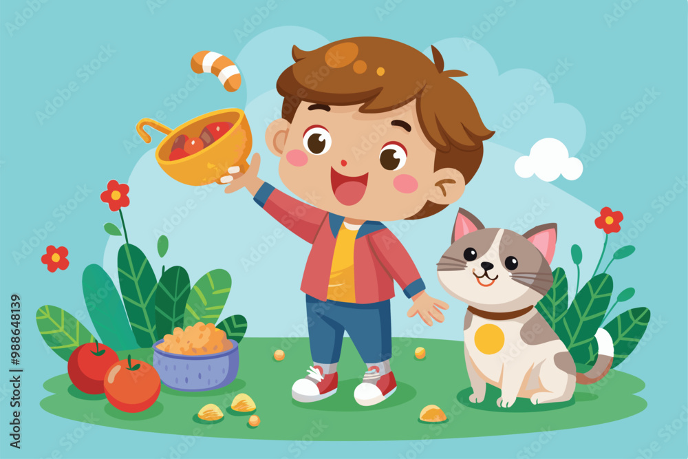 A joyful boy plays with his cat while sharing tasty food in a vibrant garden, Cute boy playing with cat and food.