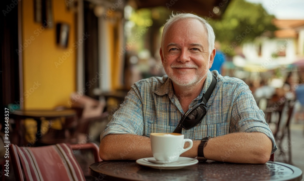 Smiling man with a beard enjoys coffee outside. Smiling man with a beard enjoys coffee outside.