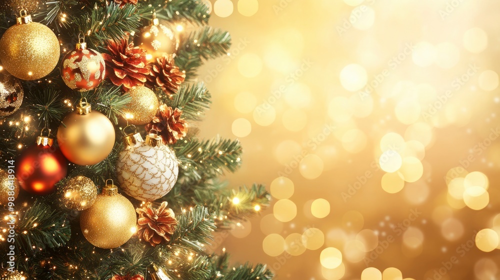 Holiday Christmas tree with ornaments, garland and balls on golden background with bokeh lights. Merry Christmas and a happy New Year greeting card. with generative ai