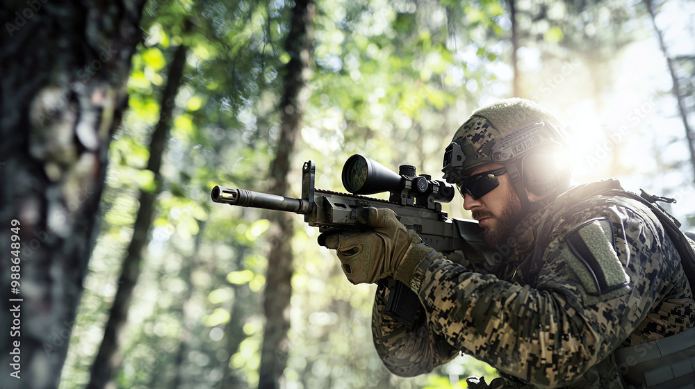 Fototapeta premium a sniper in full camouflage gear, aiming through a scoped rifle in a dense forest setting