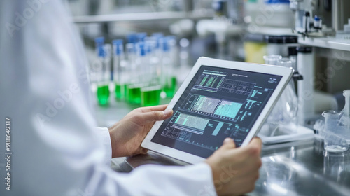 Technology lab technician records data on a tablet while analyzing samples in a modern laboratory setting