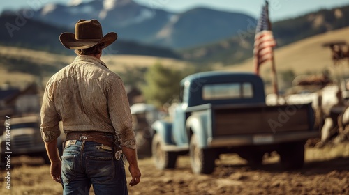 Rodeo cowboy in full gear preparing to enter the arena, with a classic vintage truck and equipment in the background, evoking nostalgia for traditional rodeo culture photo