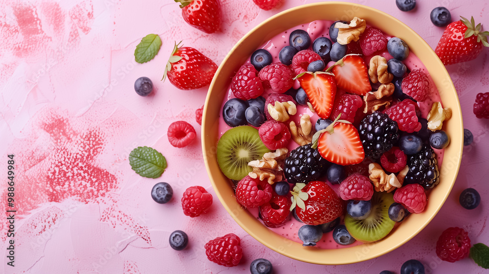 Yellow Bowl of Dessert with Berries and Walnuts on Pink Food Background Yellow Bowl of Dessert with Berries and Walnuts on Pink Food Background
