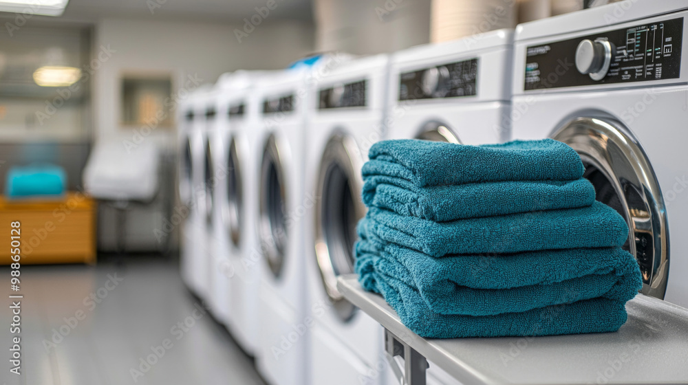 A neatly stacked pile of clean towels in a modern laundry facility during a busy afternoon A neatly stacked pile of clean towels in a modern laundry facility during a busy afternoon