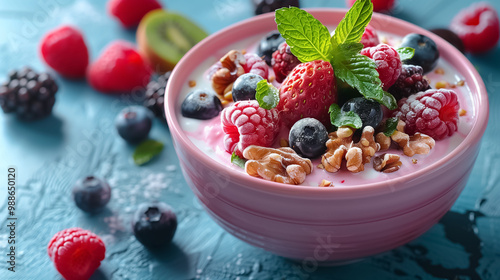 Colorful Breakfast with Fruits and Yogurt in a Pink Bowl from Above