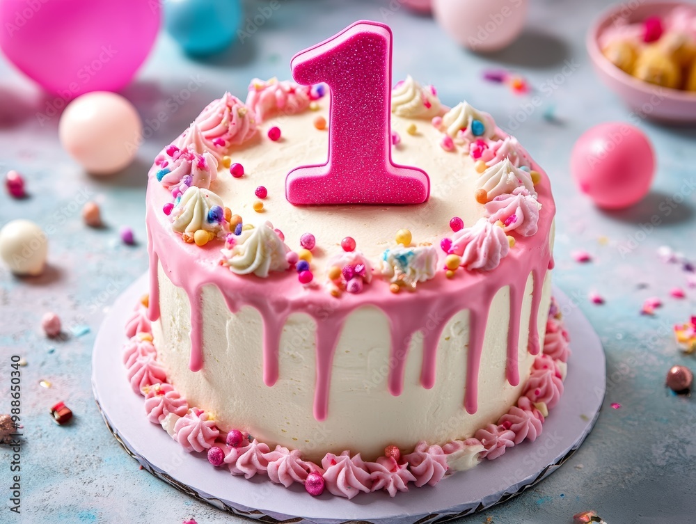 A delightful pink birthday cake with a number one and colorful decorations, ideal for a first birthday celebration A delightful pink birthday cake with a number one and colorful decorations, ideal for a first birthday celebration
