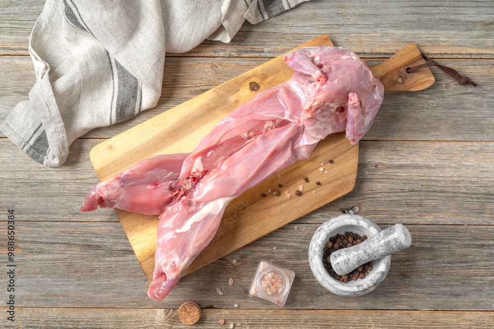A carcass of a raw rabbit on a chopping board on a gray wooden culinary background. Top view
