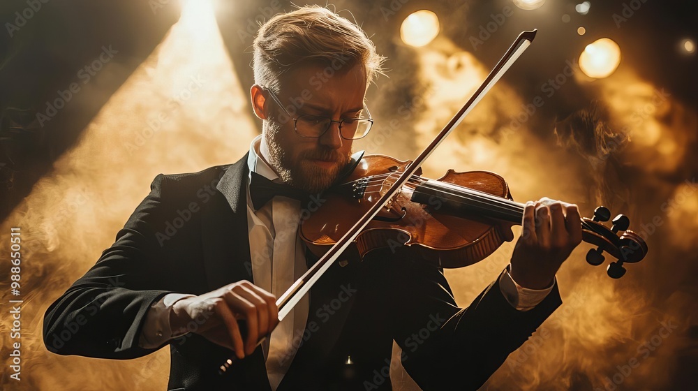 Fototapeta premium Musician playing violin on grand stage, dramatic lighting, excellence in arts, passion, dedication.