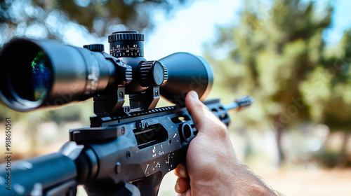 a sniper adjusting their scope in preparation for a shot, set against the backdrop of a wooded area