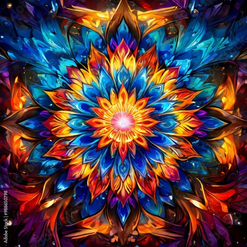 A vibrant, kaleidoscopic abstract mandala inspired by floral designs, featuring intricate patterns in striking blue and orange hues. The symmetrical composition creates a visually captivating and