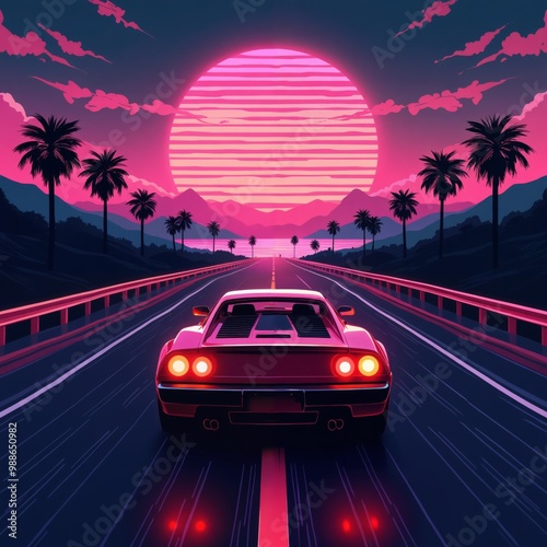Synthwave-style illustration retro car driving on the road at sunset nostalgic 80s aesthetic