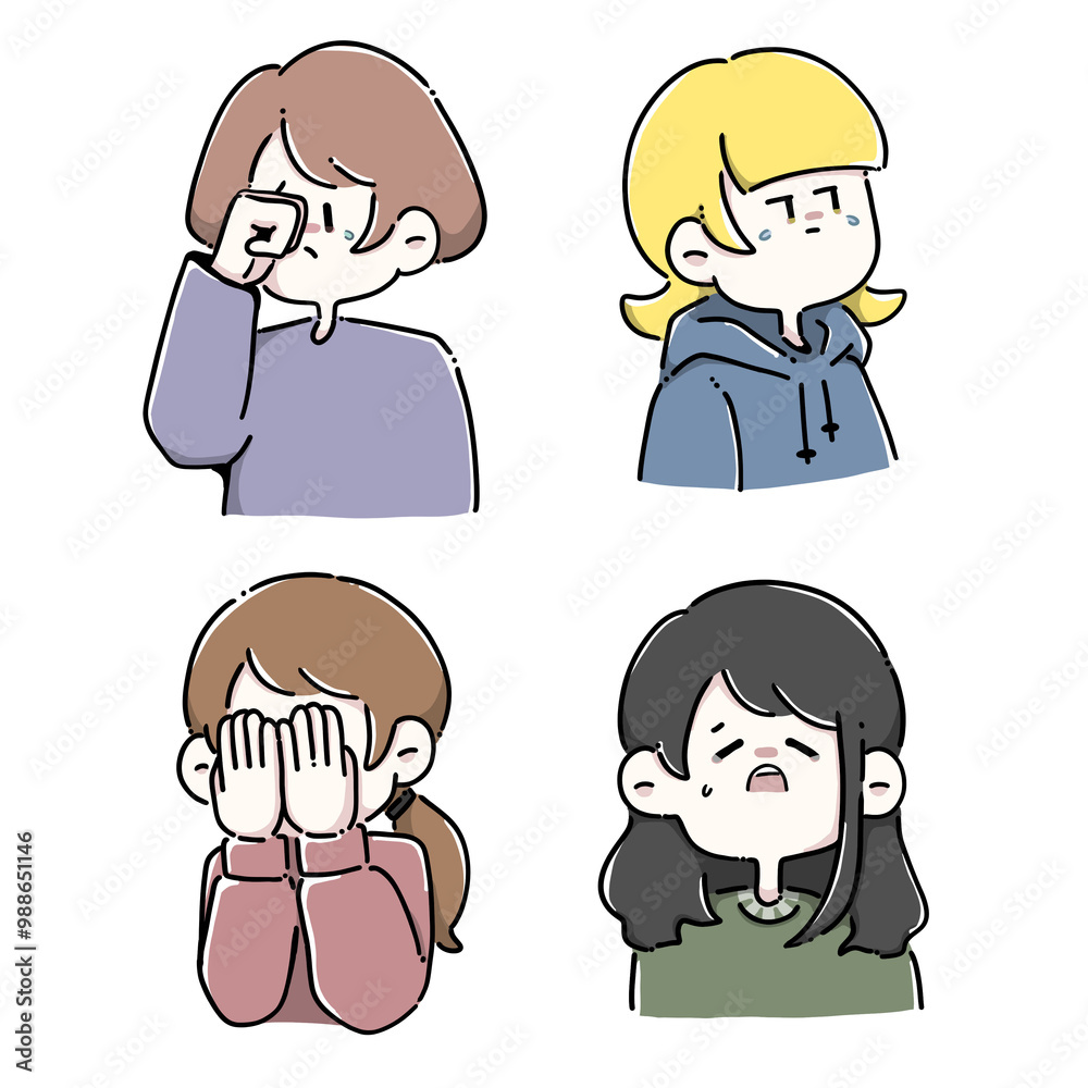 泣いている女性のイラストセット