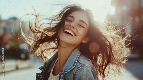 A young woman joyfully enjoying sunlight with flowing hair on a lively city street during golden hour in the evening