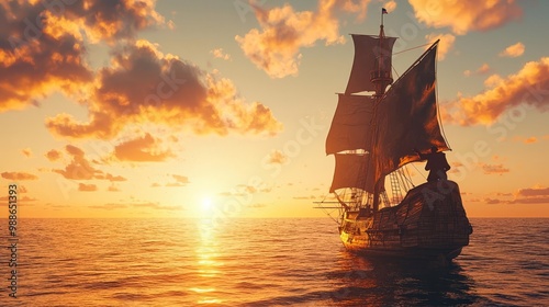 Sailor spotting a new land on the horizon during sunrise, historic discovery