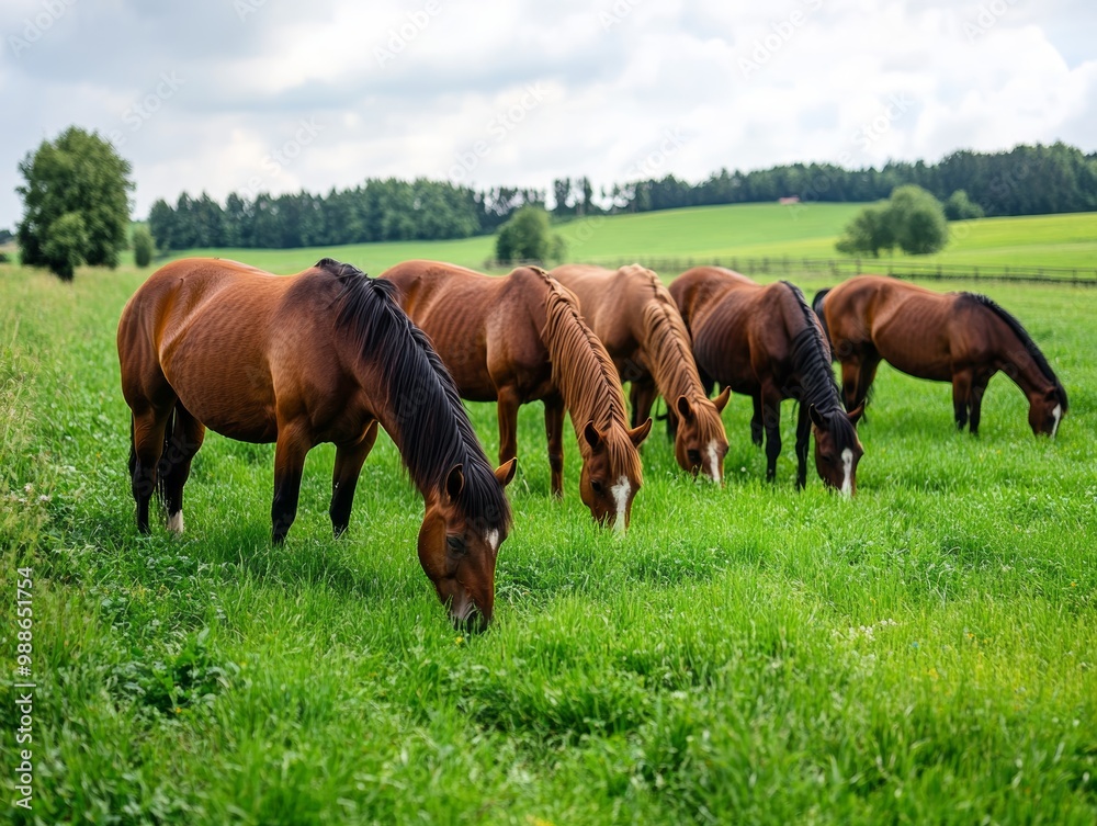 A group of brown horses peacefully grazing in a lush green pasture under a cloudy sky, showcasing rural tranquility A group of brown horses peacefully grazing in a lush green pasture under a cloudy sky, showcasing rural tranquility
