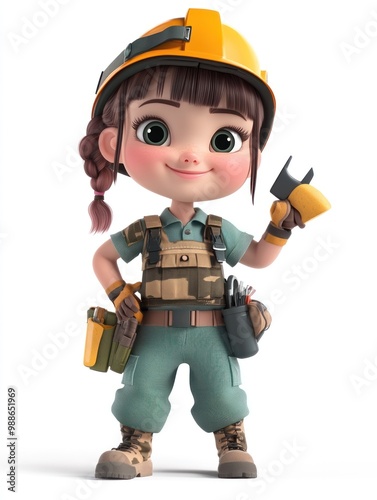 A cheerful cartoon girl in a construction outfit, ready for work with tools and safety gear.