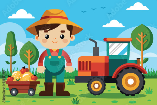 A happy farmer with a tractor gathers fruits and vegetables in a lush countryside setting, Cute cartoon farmer with tractor. Vector illustration of a farmer.