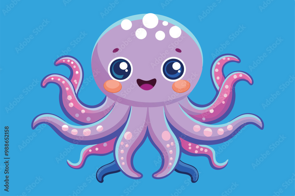 A cheerful cartoon octopus with big eyes and a friendly smile on a bright blue background, Cute cartoon octopus on a blue background