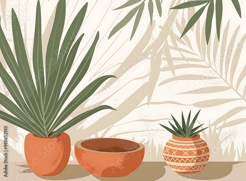 Abstract Tropical Plants Illustration with Potted Plants