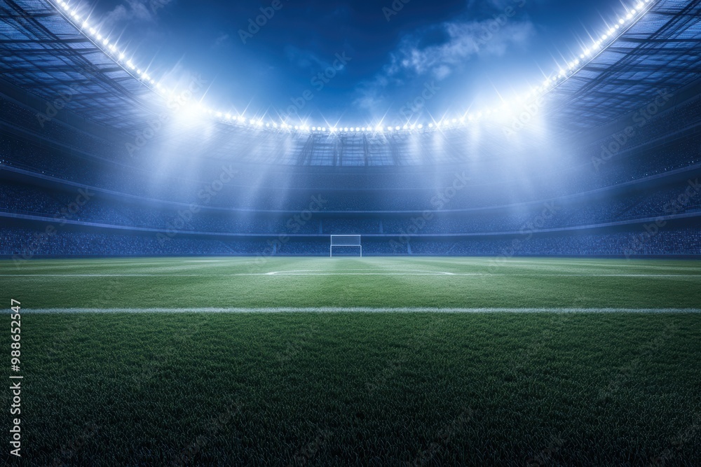 A dramatic view of a well-lit football (soccer) stadium at night, showcasing a lush green pitch and glowing stadium lights. A dramatic view of a well-lit football (soccer) stadium at night, showcasing a lush green pitch and glowing stadium lights.