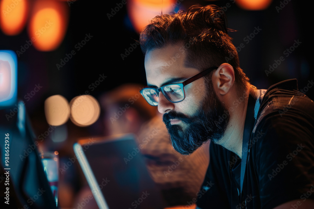 Focused individual engaged in cybersecurity discussions at a conference venue during the evening event Focused individual engaged in cybersecurity discussions at a conference venue during the evening event