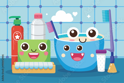 A cheerful toothbrush and toothpaste are ready for a fun bedtime routine in a vibrant bathroom setting, Cute cartoon toothbrush and toothpaste in bathroom.