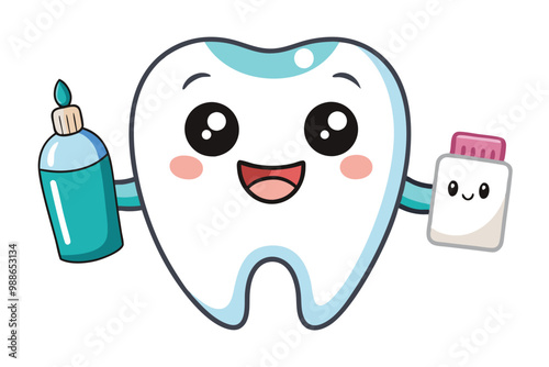 A smiling cartoon tooth holds toothpaste and mouthwash with a playful expression, Cute cartoon tooth with toothpaste . isolated white background