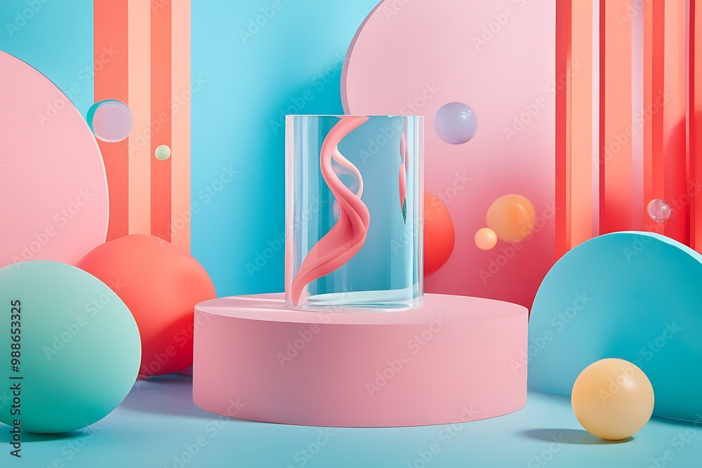Abstract Colorful Background with Geometric Shapes and Glass Cylinder Abstract Colorful Background with Geometric Shapes and Glass Cylinder